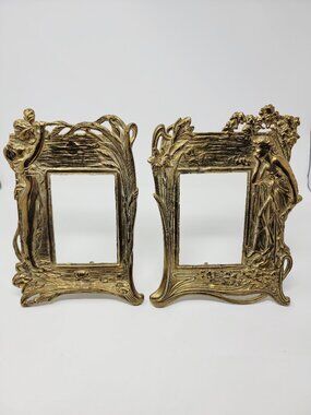 Vintage Art Nouveau Solid Brass Picture Frames Set of 2 Easel Ornate Lady Floral